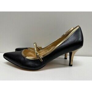 Cole Haan D40849 women size 10.5B black/gold leather Mary Jane pointy heel shoes
